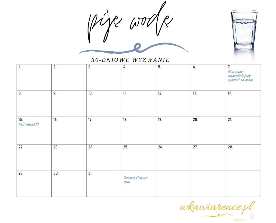 kalendarz picia wody - planer na miesiąc