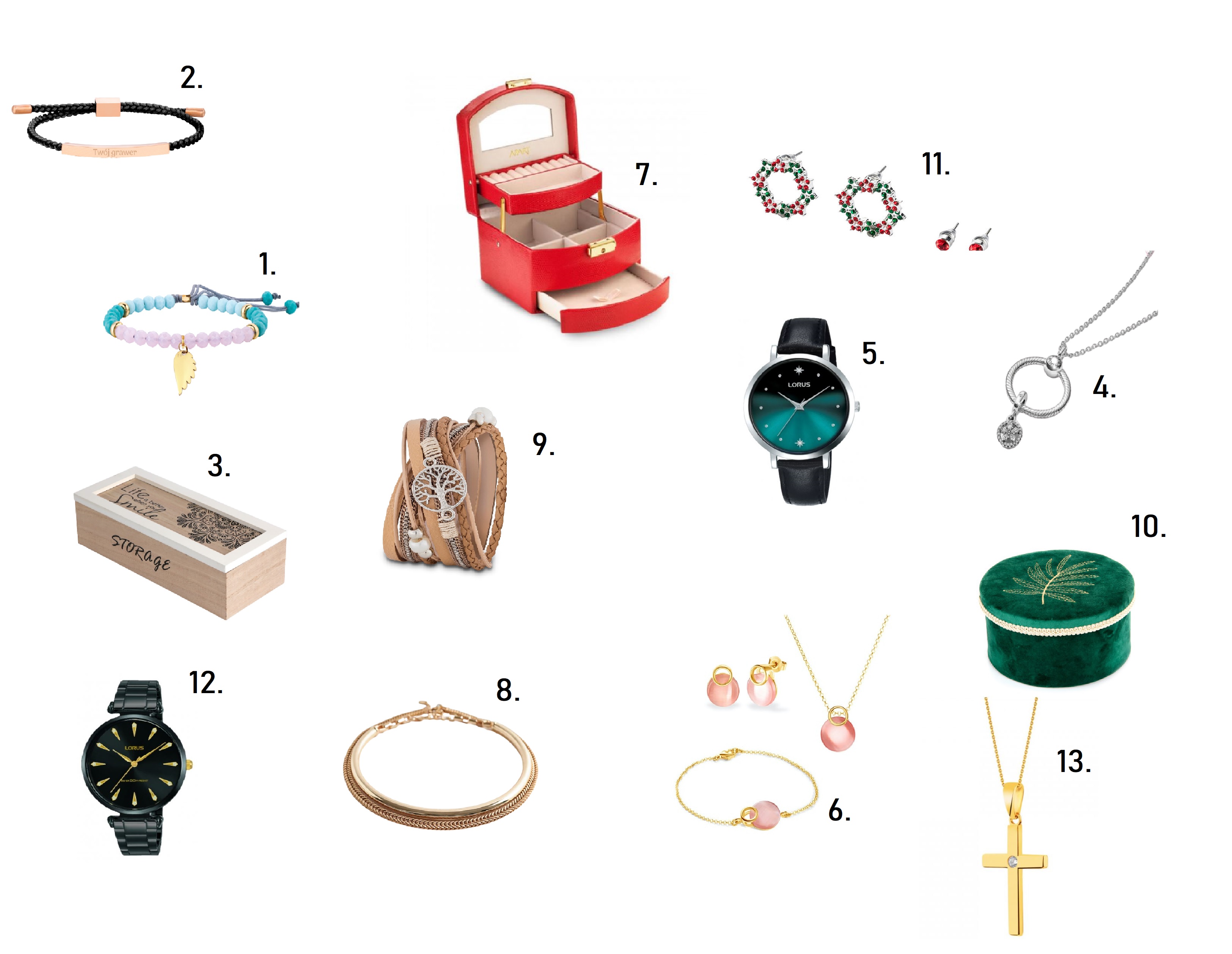 BIŻUTERIA - PIĘKNY PREZENT DLA NIEJ - Szkatułka na biżuterię, kolczyki świąteczne, zegarek kwarcowy, komplet biżuterii, bransoletki z grawerem - prezent pod choinkę do 300 zł
