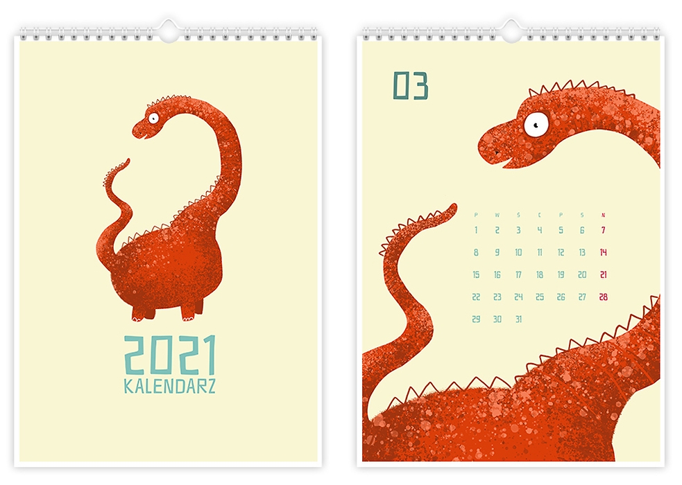 Kalendarz ścienny z dinozaurami na 2021 rok