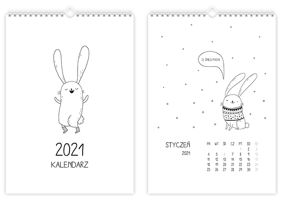 Kalendarz z czarno-białym zajączkiem ścienny wesoły duzy na 2021 rok dla dziecka