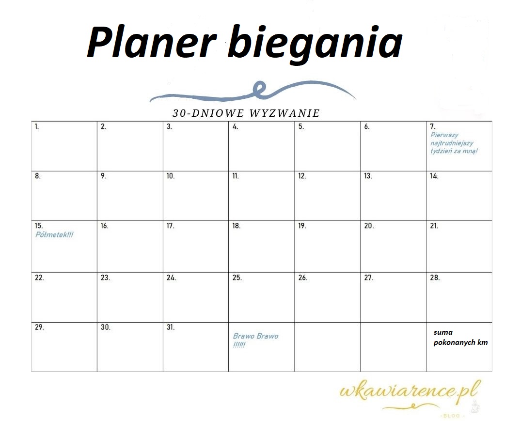 kalendarz biegania - planer na miesiąc