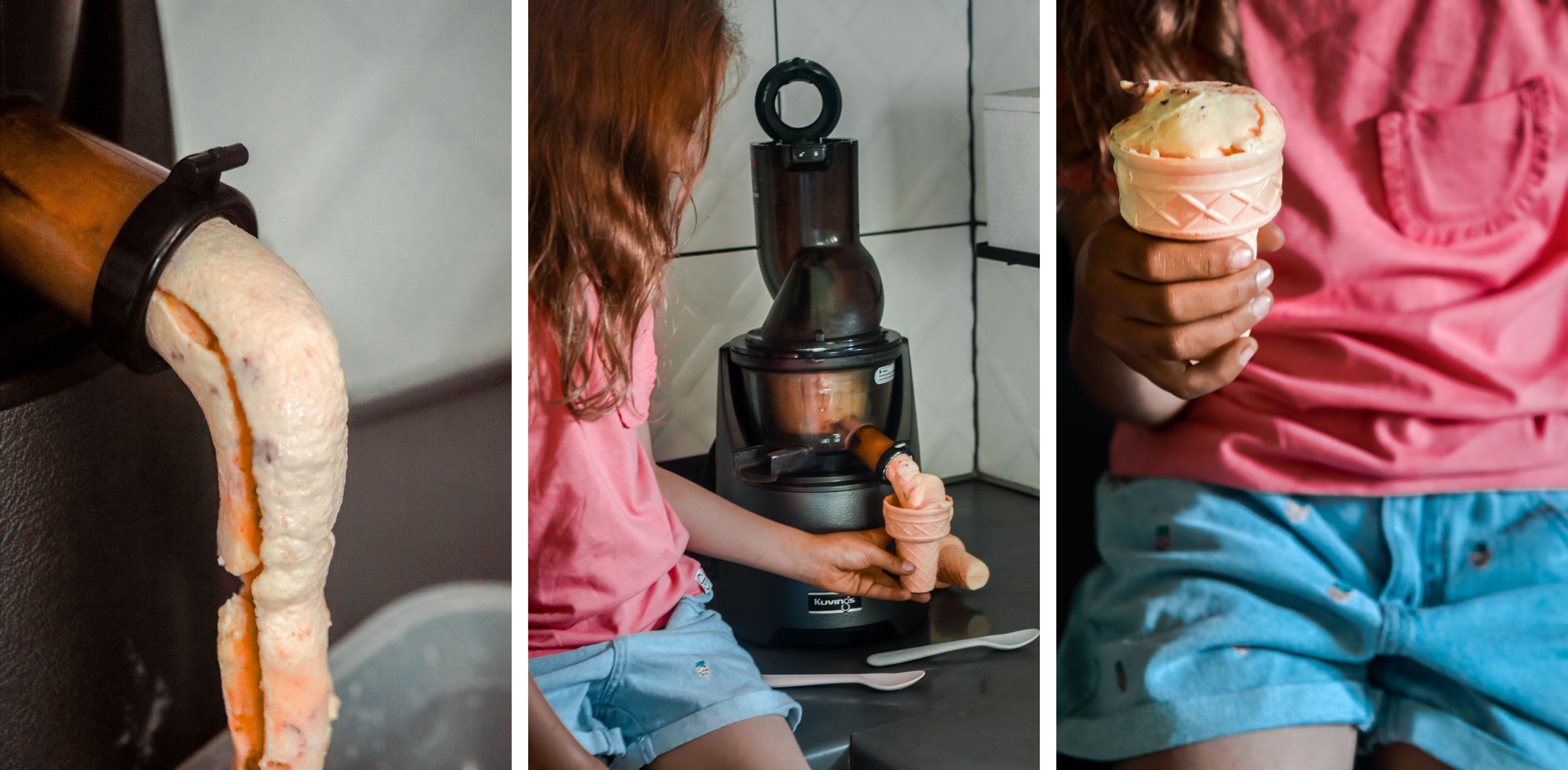 domowe lody z wyciskarki Kuvings - przepis na lody z wyciskarki brziskwiniowe lody truskawkowe sorbety lody mocno czekoladowe fit
